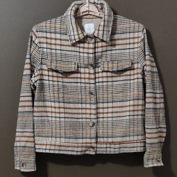 Joie Neutral Plaid Button Up Crop Jacket SIZE MEDIUM - Picture 1 of 5